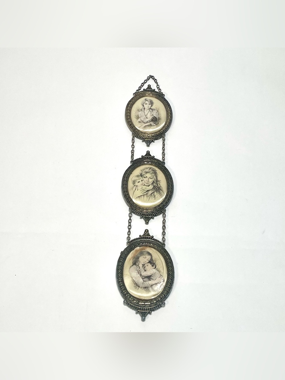 Vtg Italian Metal 3 Tier Hanging Oval Frame Mother Child Silk Art Prints Italy